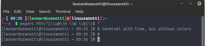 Terminal without colors and with time